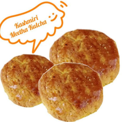 Three pieces of Kashmiri Meetha Kulcha on a white background with 'Kashmiri Meetha Kulcha' text.